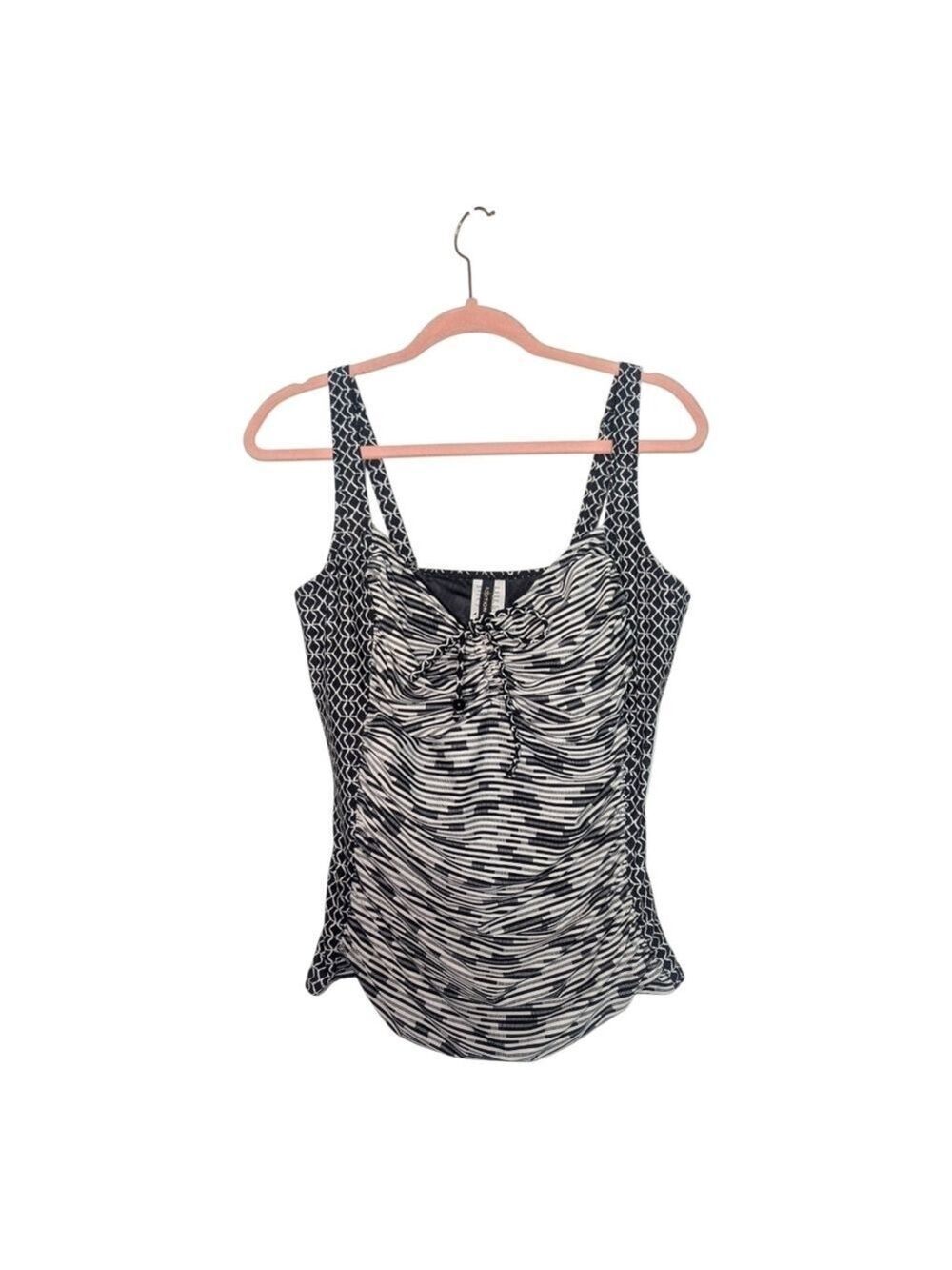 1X • Addition Elle • Black and White Ruched Tie Front Swim Tank Top W. Shelf Bra